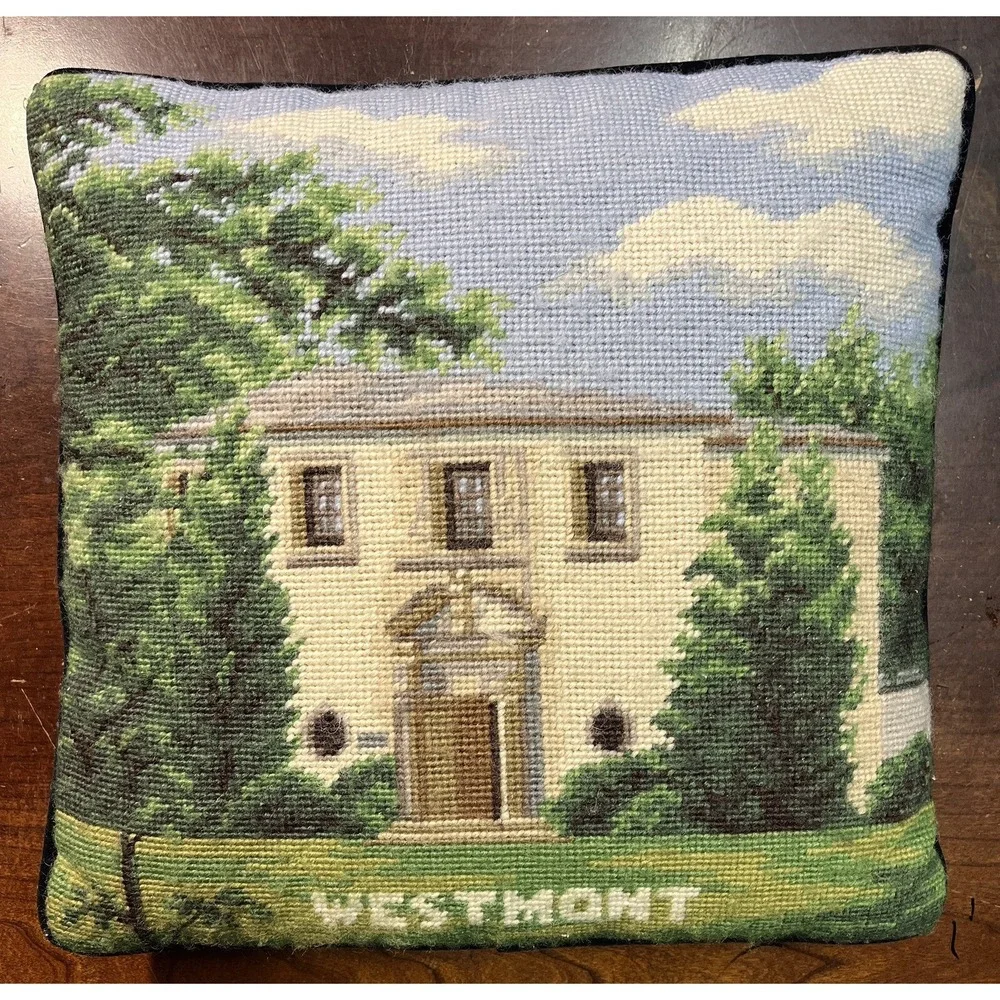 Vintage Westmont Wool Needlepoint Pillow 14 X 14 Navy Velvet Back with Zipper